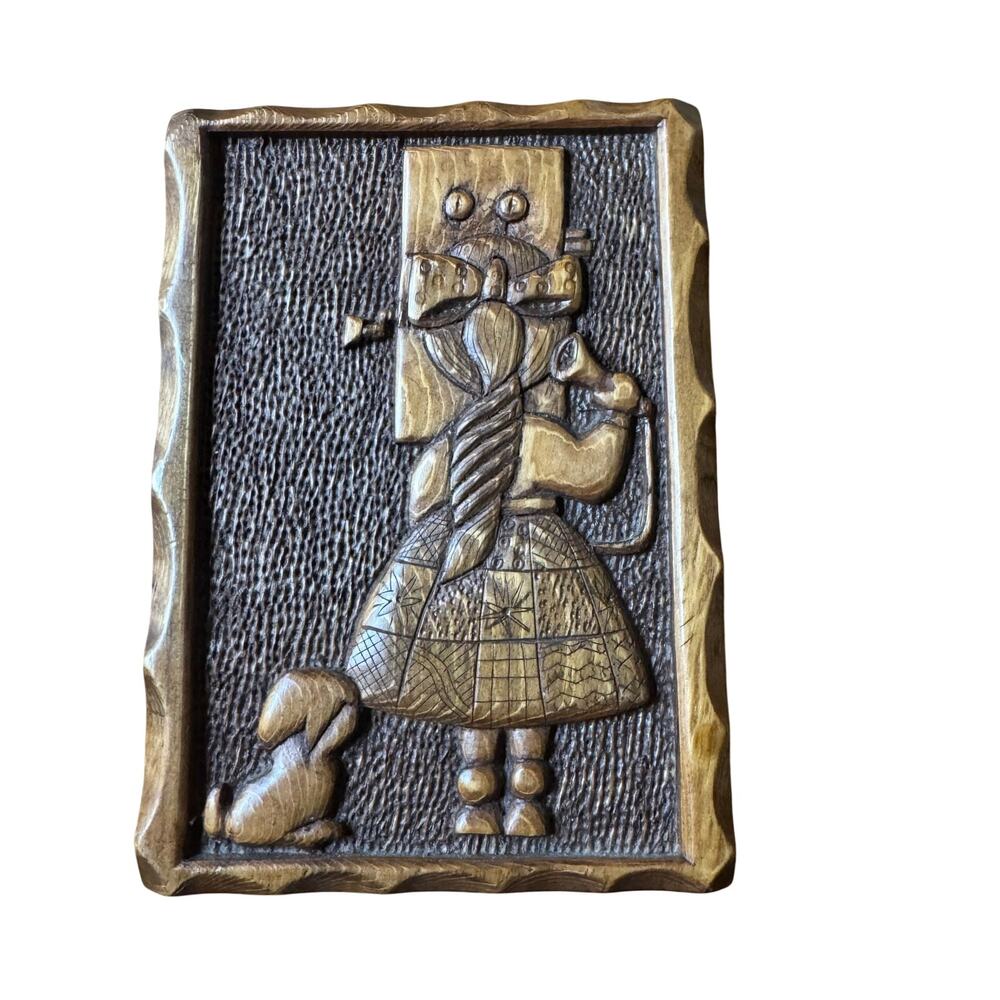 Vintage 1970s Hand Carved Wood Wall Plaque Little Girl Old Telephone Puppy 4x6"